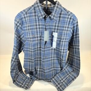 NWT Eddie Bauer Flannel Shirt Men's L Blue Gray Plaid‎ Loden Button Up Long SLV